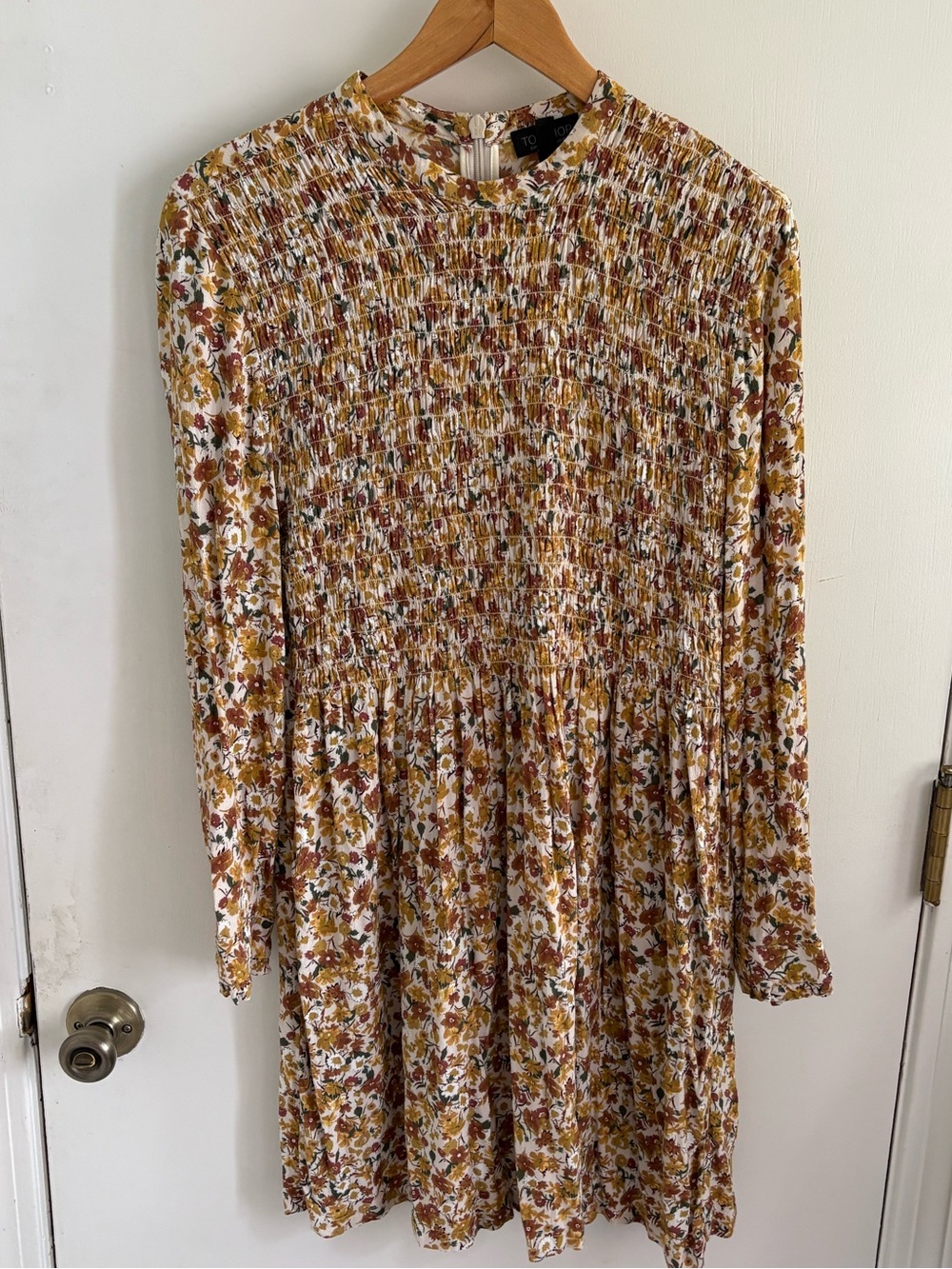 Topshop Smocked Floral Long-Sleeve Dress — Mustard